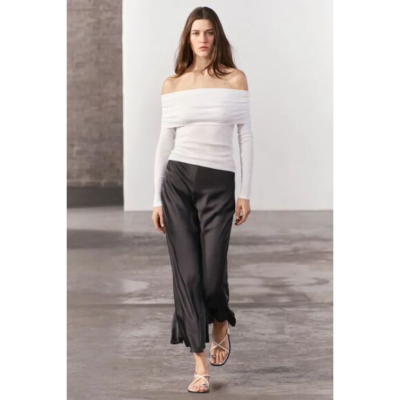 Black Zara Satin-Like Flowy A-Line Midi Skirt (NWT) - Picture 5 of 9